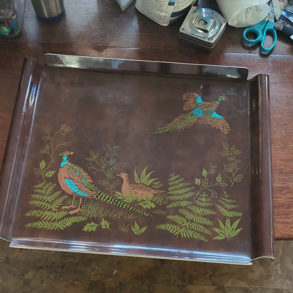 Elegant Brown Tray with Pheasant Bird Design Mid-century Modern MCM Vintage